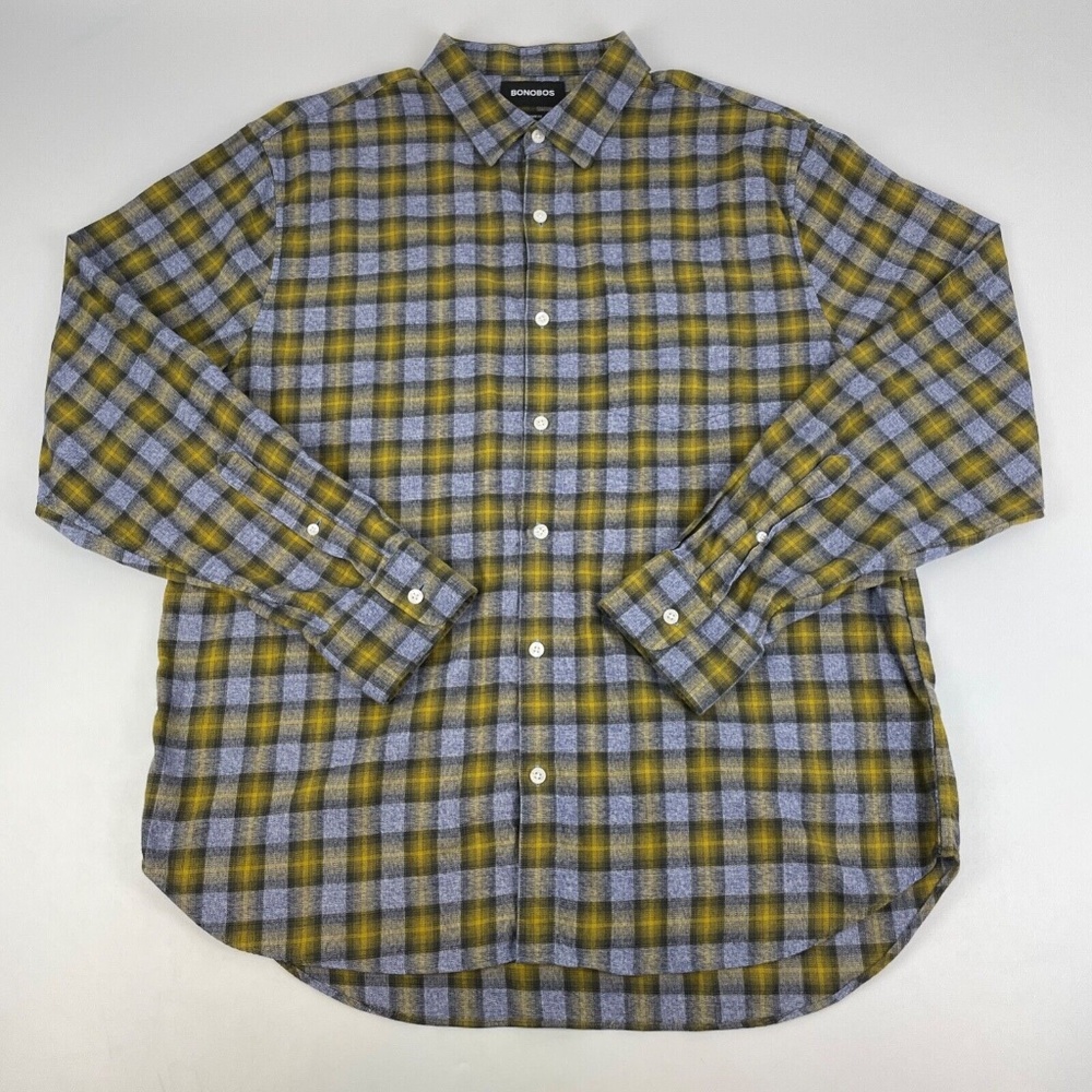 Bonobos Mens Size XL Button Up Shirt Blue Yellow Plaid Lightweight Flannel